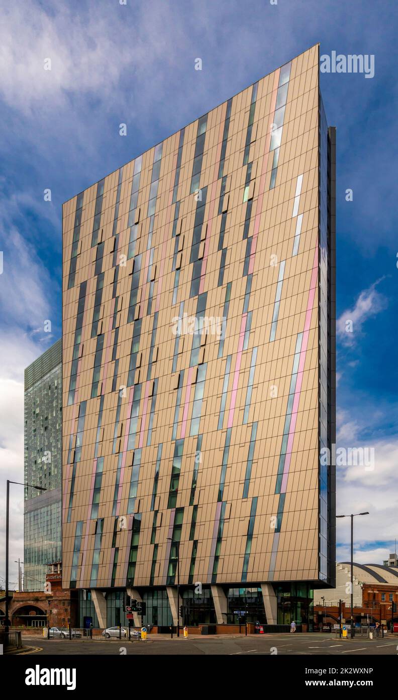The contemporary façade of AXIS Manchester tower, apartments in Manchester city centre. UK Stock