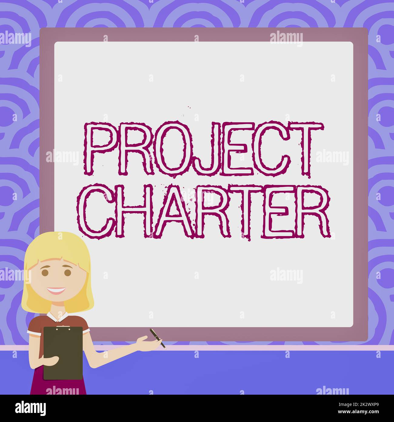 https://c8.alamy.com/comp/2K2WXP9/sign-displaying-project-charter-business-overview-typically-short-formal-document-that-describes-your-project-lady-drawing-standing-holding-clipboard-presenting-new-ideas-to-team-2K2WXP9.jpg