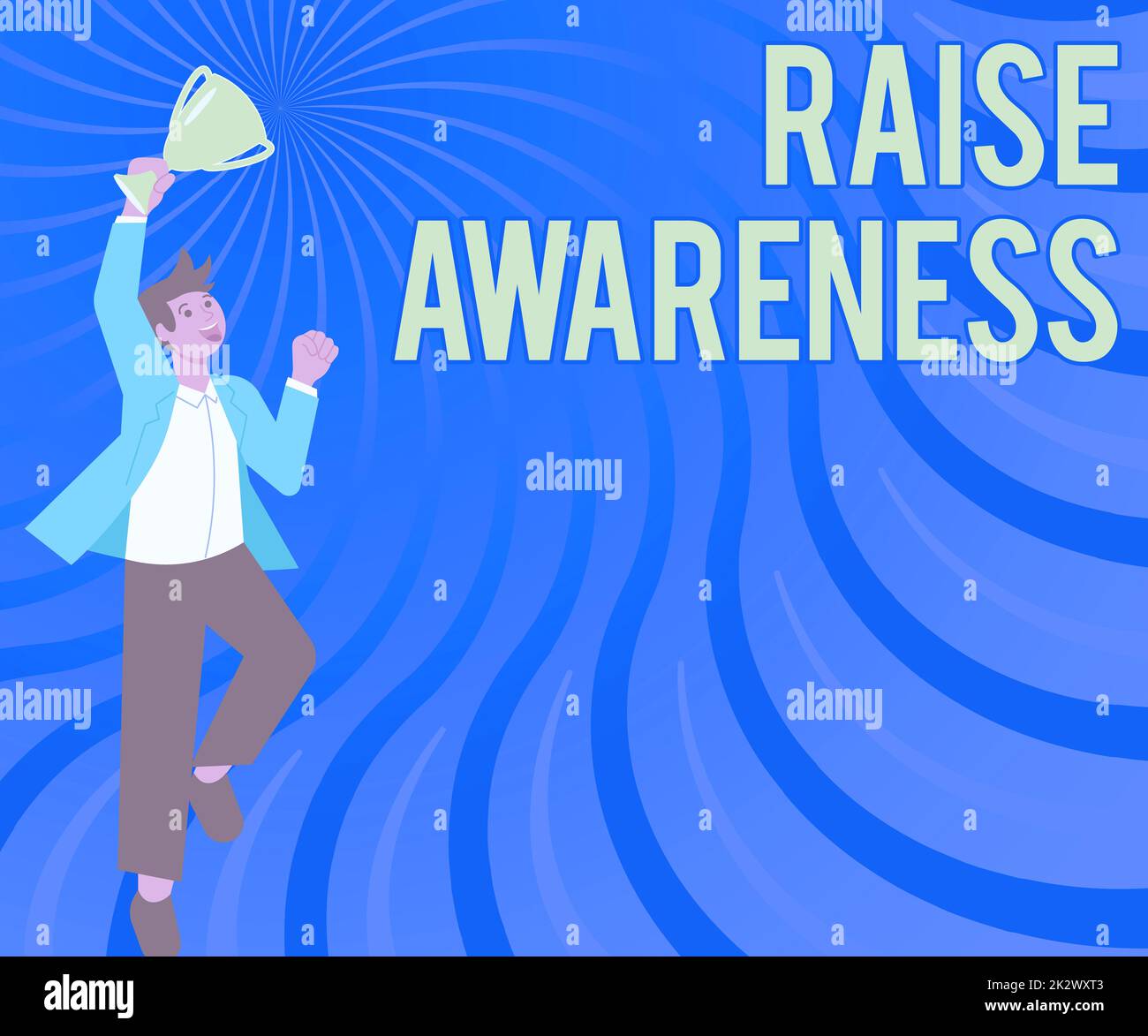 Text caption presenting Raise Awareness. Business concept creating a specific messaging campaign about an issue Gentleman Jumping Excitedly Holding Trophy Showing Accomplishments. Stock Photo