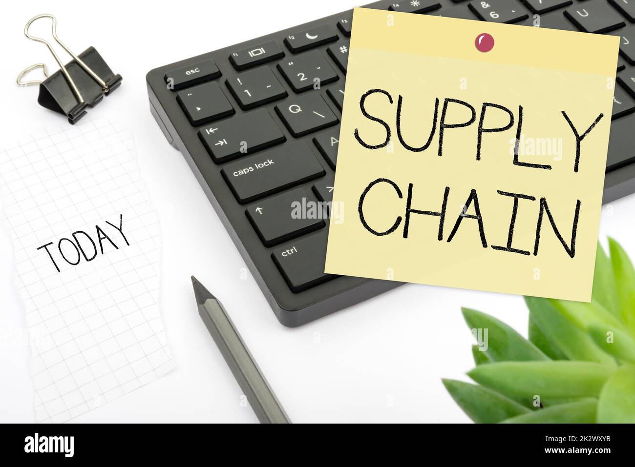 Conceptual display Supply Chain. Concept meaning System of organization and processes from supplier to consumer Computer Keyboard And Symbol.Information Medium For Communication. Stock Photo