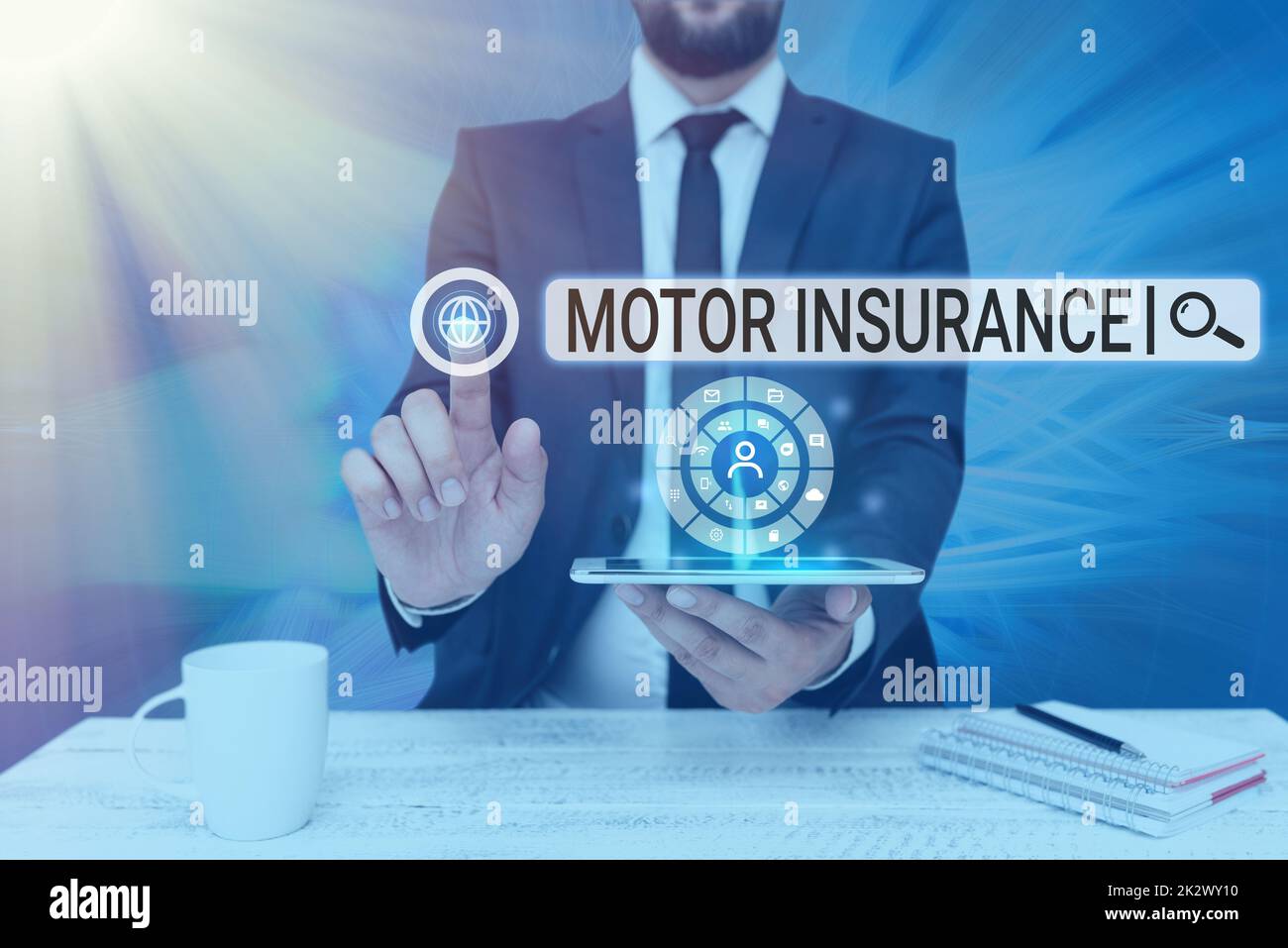 Conceptual display Motor Insurance. Business idea Provides financial compensation to cover any injuries Man holding Screen Of Mobile Phone Showing The Futuristic Technology. Stock Photo