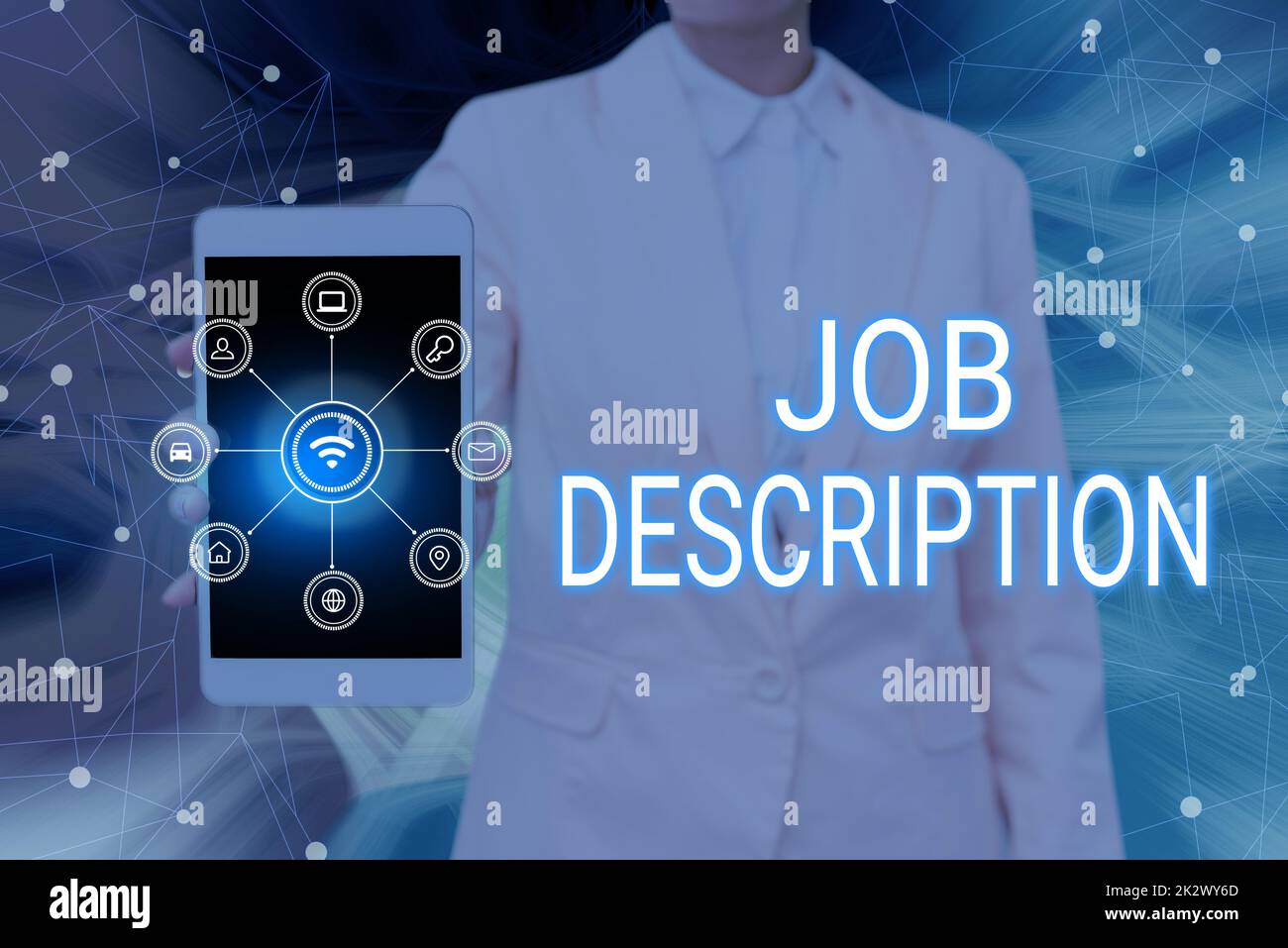 Text showing inspiration Job Description. Conceptual photo A document that describes the responsibilities of a position Lady Pressing Screen Of Mobile Phone Showing The Futuristic Technology Stock Photo