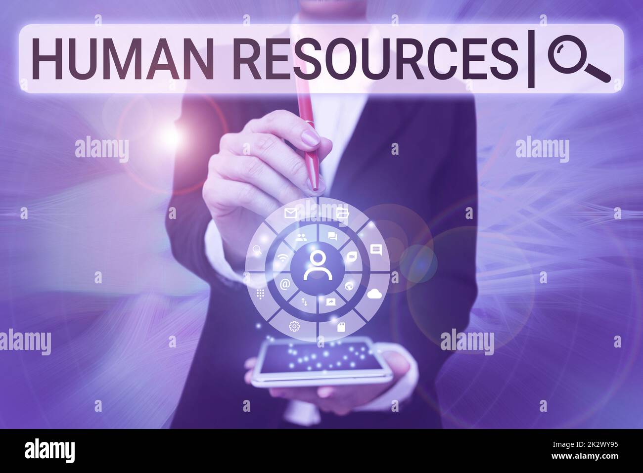 Handwriting text Human Resources. Word Written on The showing who make up the workforce of an organization Lady Pressing Screen Of Mobile Phone Showing The Futuristic Technology Stock Photo