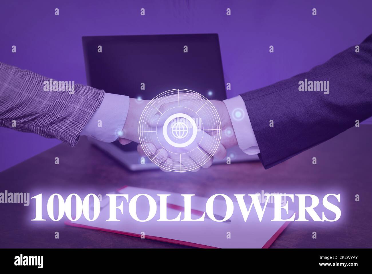 Handwriting text 1000 Followers. Concept meaning number of individuals who follows someone in Instagram Hands Shaking Signing Contract Unlocking New Futuristic Technologies. Stock Photo