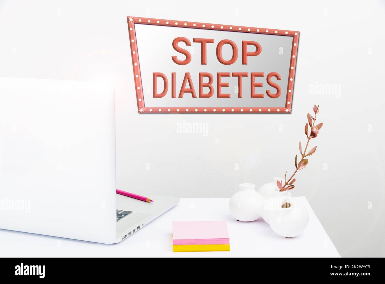 Writing displaying text Stop Diabetes. Word for Blood Sugar Level is higher than normal Inject Insulin Tidy Workspace Setup, Writing Desk Tools Equipment, Smart Office Stock Photo