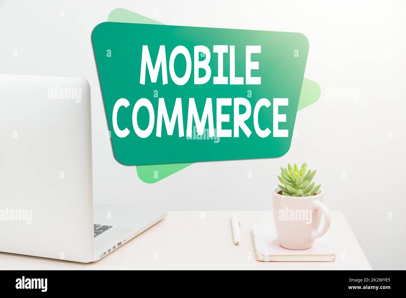 Writing displaying text Mobile Commerce. Word Written on Using mobile phone to conduct commercial transactions online Tidy Workspace Setup, Writing Desk Tools Equipment, Smart Office Stock Photo