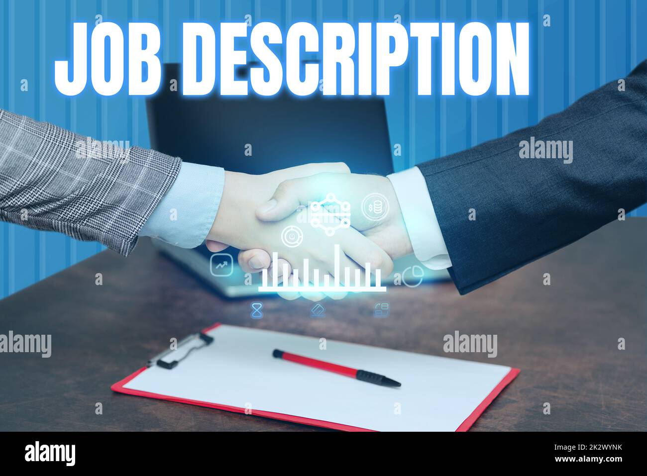 Handwriting text Job Description. Business showcase A document that describes the responsibilities of a position Hands Shaking Signing Contract Unlocking New Futuristic Technologies. Stock Photo