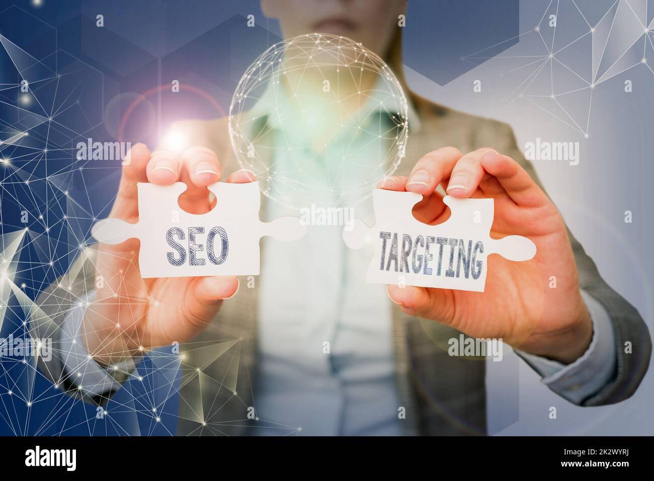 Sign displaying Seo Targeting. Word Written on Specific Keywords for Location Landing Page Top Domain Lady in suit holding puzzle piece symbolizing global innovative thinking. Stock Photo