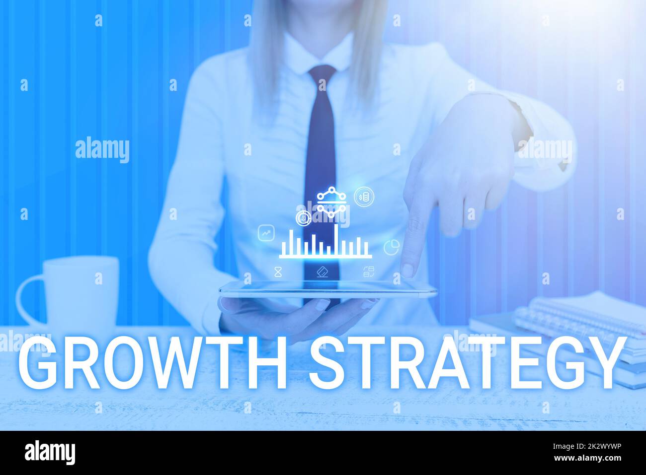Text caption presenting Growth Strategy. Business approach Strategy aimed at winning larger market share in shortterm Man holding Screen Of Mobile Phone Showing The Futuristic Technology. Stock Photo