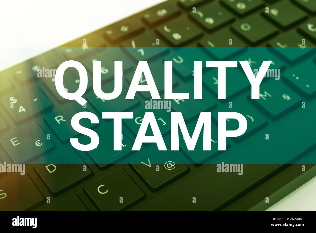 Text sign showing Quality Stamp. Concept meaning Seal of Approval Good Impression Qualified Passed Inspection Computer Keyboard And Symbol.Information Medium For Communication. Stock Photo