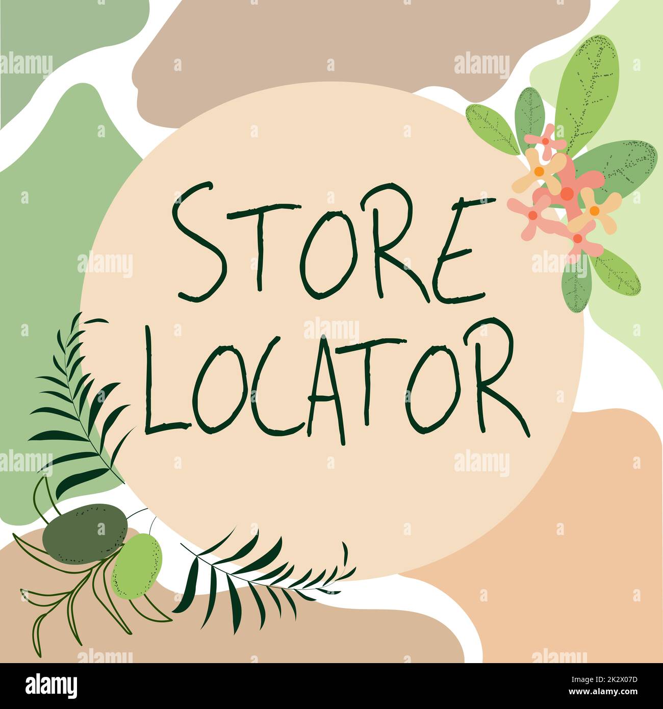 Hand writing sign Store Locator. Concept meaning to know the address contact number and operating hours Blank Frame Decorated With Abstract Modernized Forms Flowers And Foliage. Stock Photo