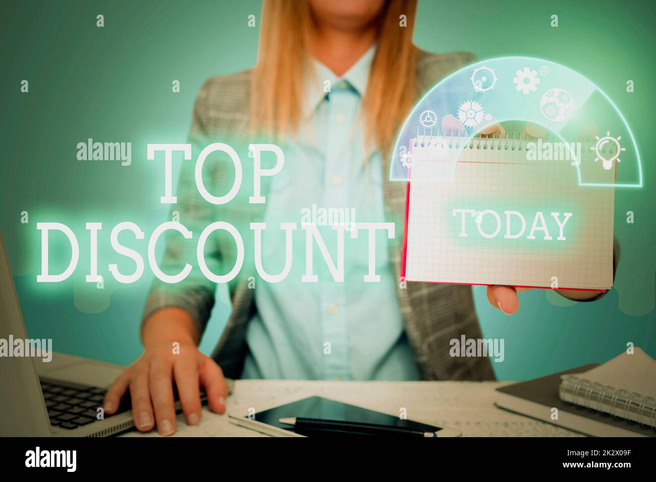 Conceptual caption Top Discount. Business idea Best Price Guaranteed Hot Items Crazy Sale Promotions Lady in suit holding notepad representing innovative thinking. Stock Photo