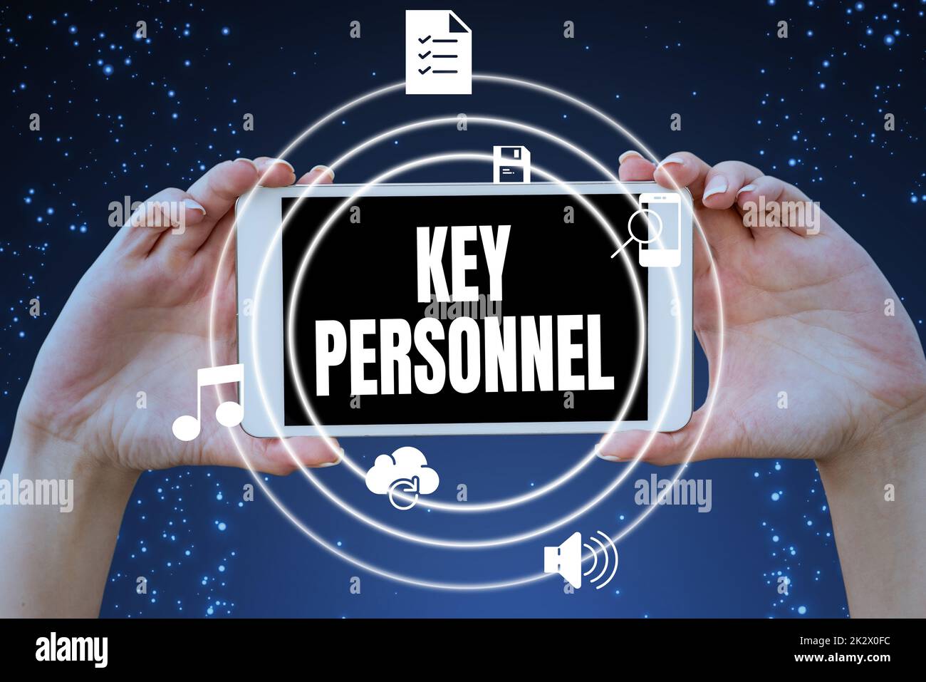 Handwriting text Key Personnel. Word for Program Directors Principal Investigator Project Executives Hands holding tablet presenting innovative ideas symbolizing technology. Stock Photo