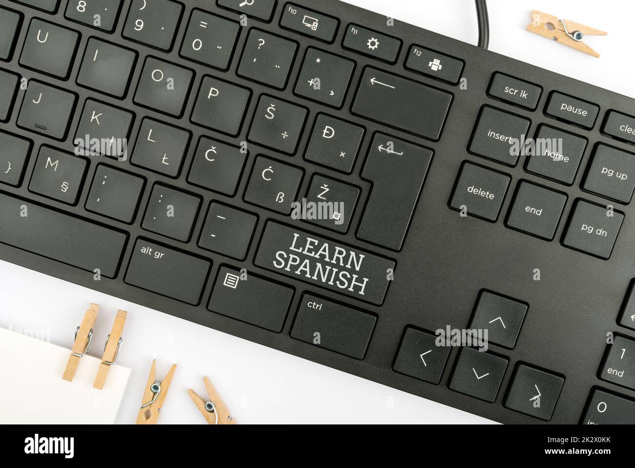 Sign displaying Learn Spanish. Business concept Translation Language in Spain Vocabulary Dialect Speech Computer Keyboard And Symbol.Information Medium For Communication. Stock Photo