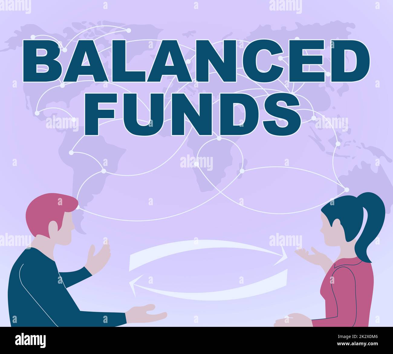 Text sign showing Balanced Funds. Word for hybrid mutual fund that combines different securities Two Teammates Discussing New Ideas World Map Brainstorming New Solutions. Stock Photo
