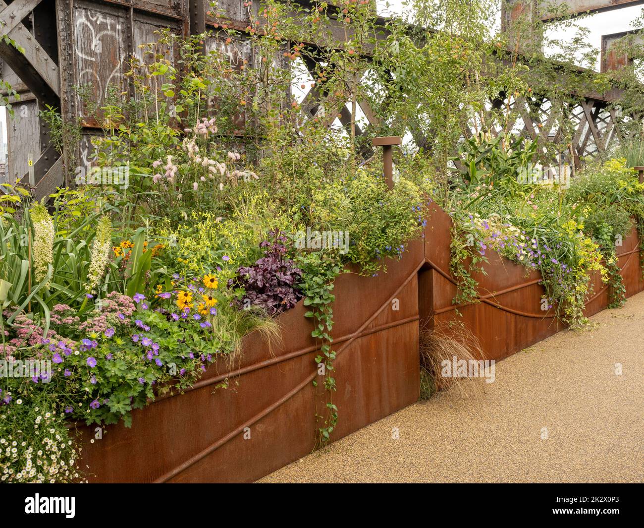 Corten planter in the Sky Garden at Castlefield Viaduct, Manchester, UK Stock Photo