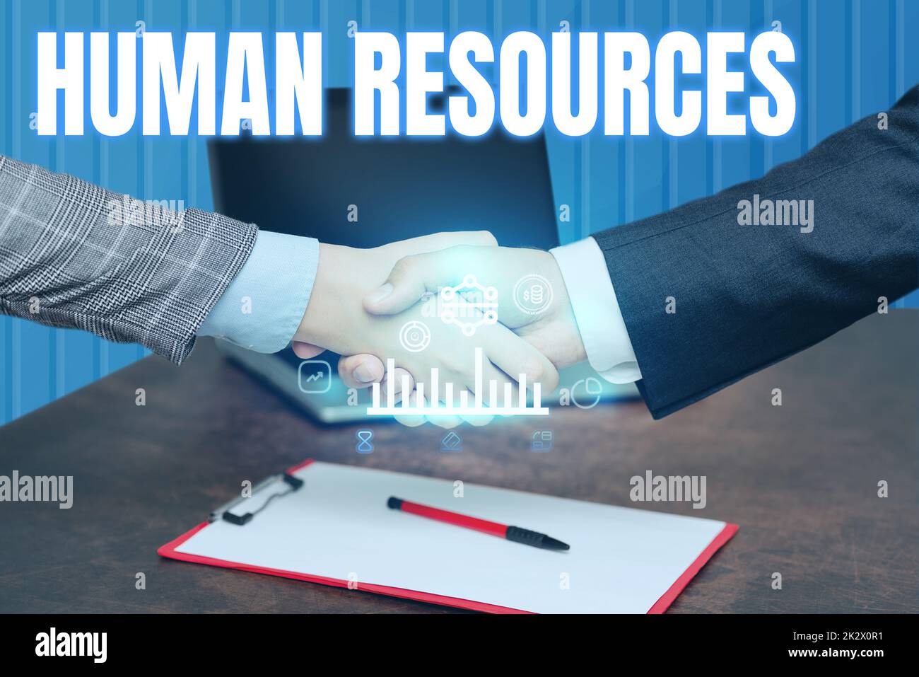 Hand writing sign Human Resources. Word for The showing who make up the workforce of an organization Hands Shaking Signing Contract Unlocking New Futuristic Technologies. Stock Photo