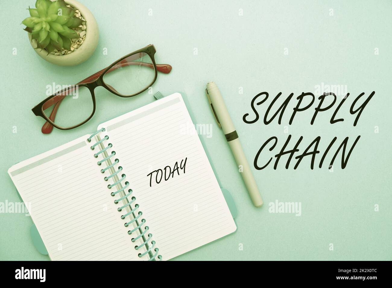 Writing displaying text Supply Chain. Concept meaning System of organization and processes from supplier to consumer Flashy School Office Supplies, Teaching Learning Collections, Writing Tools Stock Photo
