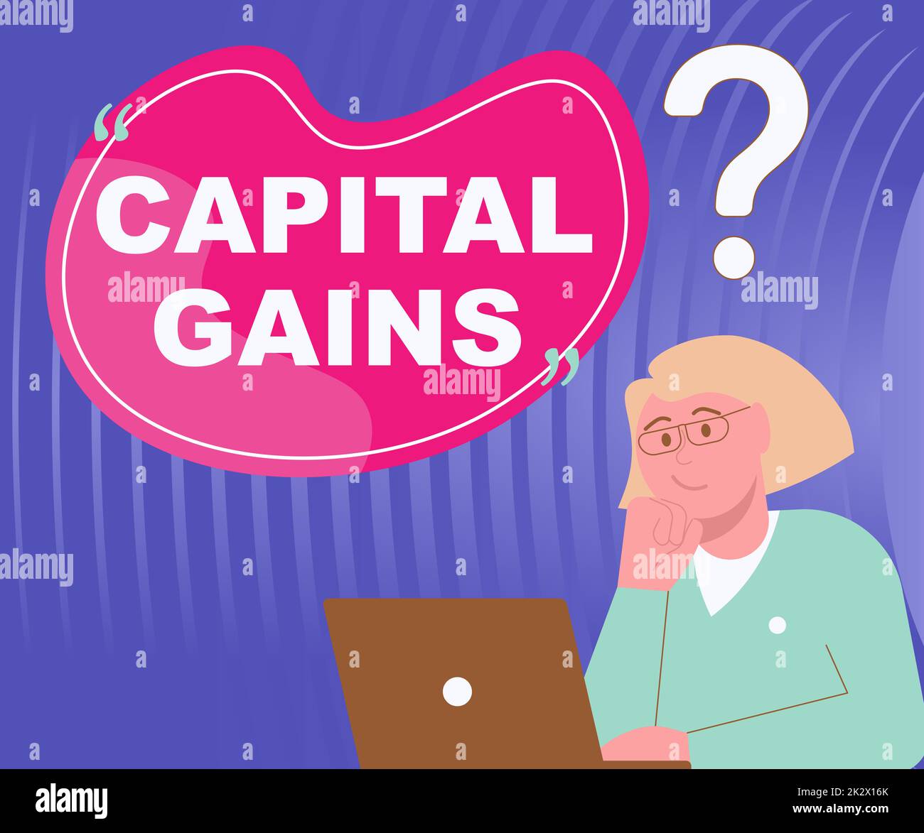 Text caption presenting Capital Gains. Word Written on Bonds Shares Stocks Profit Income Tax Investment Funds Lady Drawing Brainstorming New Solutions Surrounded With Question Marks Stock Photo