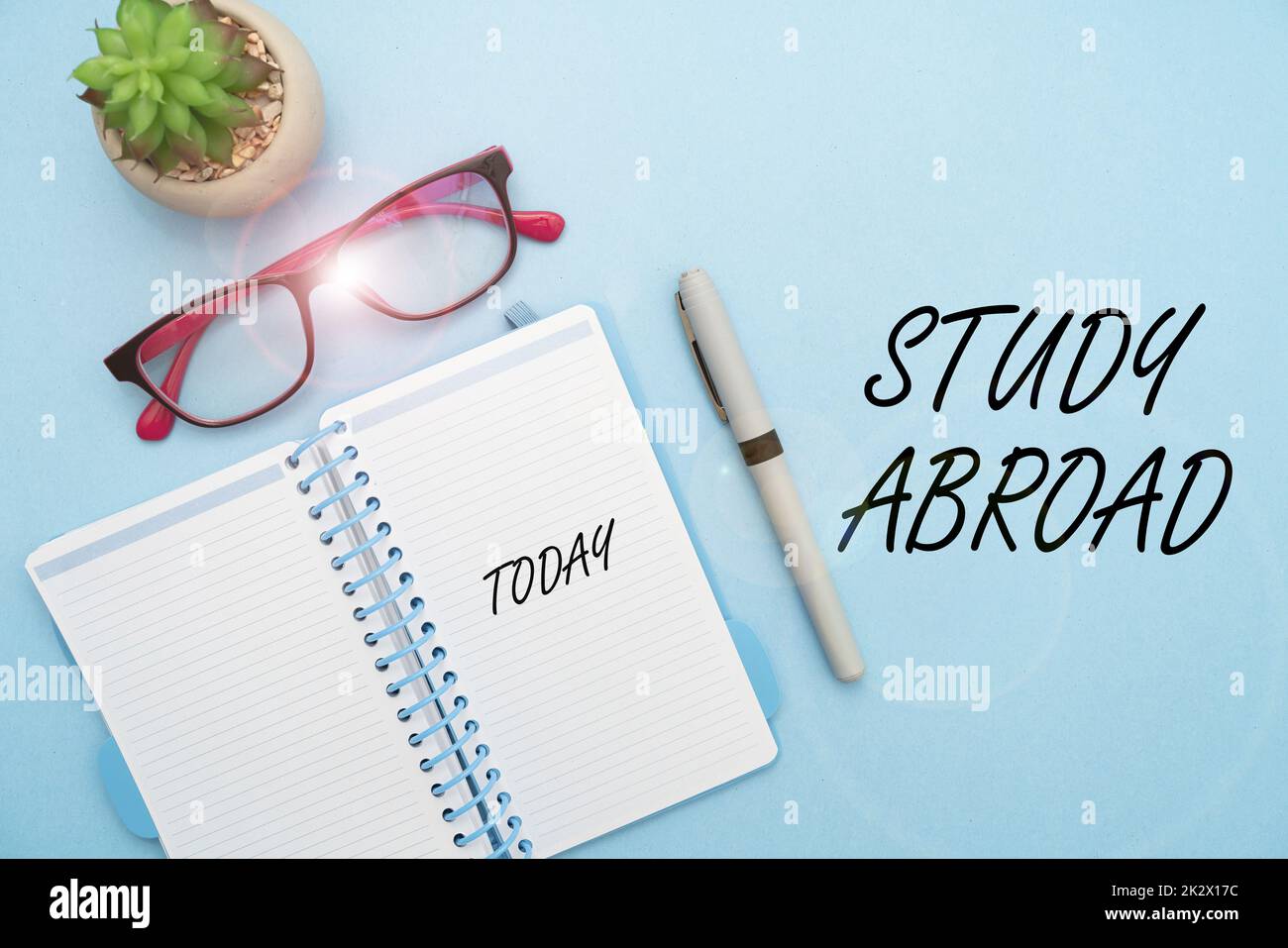 Text showing inspiration Study Abroad. Word for Pursuing educational opportunities in a foreign country Flashy School Office Supplies, Teaching Learning Collections, Writing Tools Stock Photo