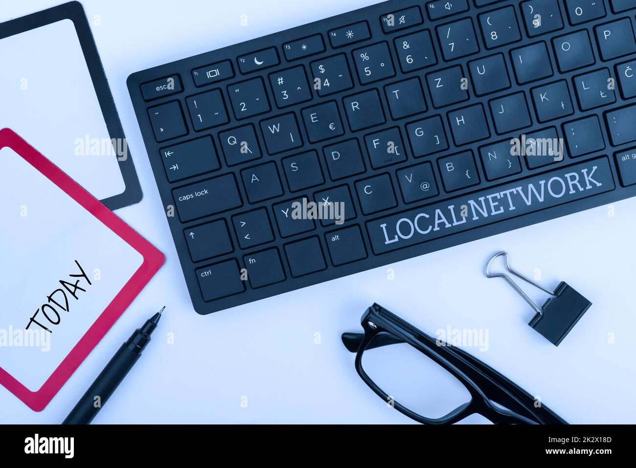 Hand writing sign Local Network. Business concept Intranet LAN Radio Waves DSL Boradband Switch Connection Computer Keyboard And Symbol.Information Medium For Communication. Stock Photo