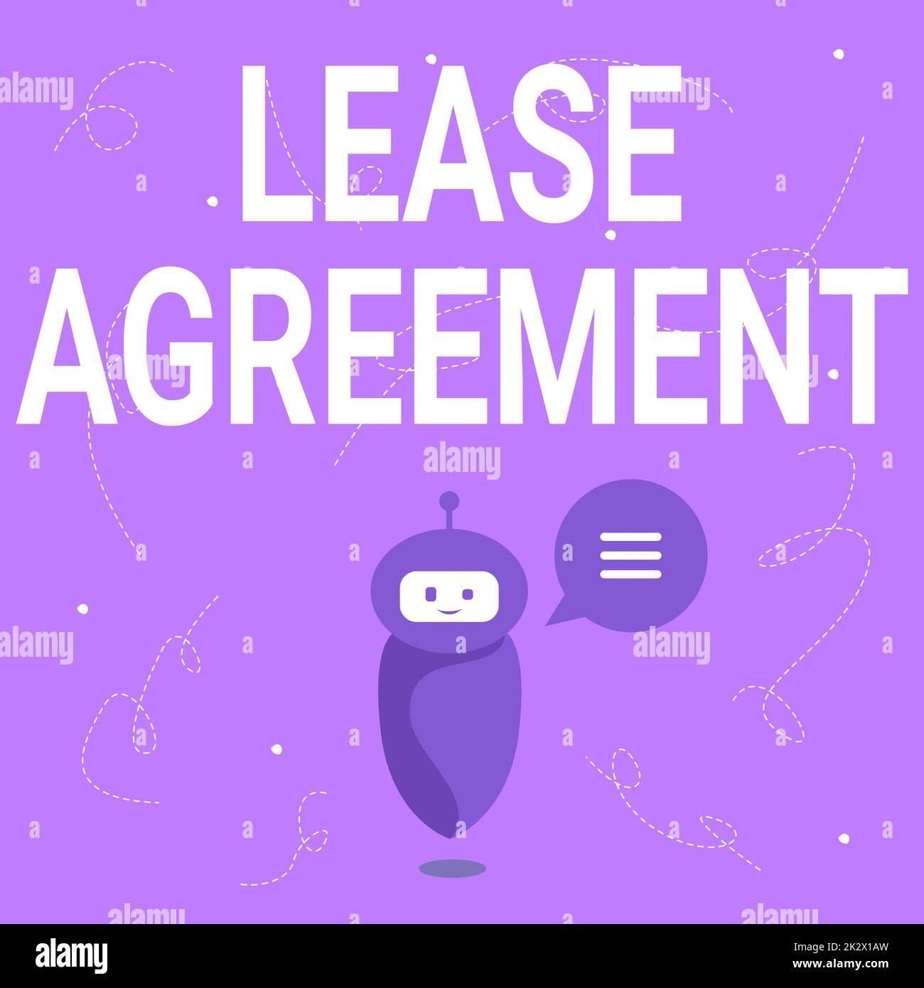 Hand writing sign Lease Agreement. Business showcase Contract on the terms to one party agrees rent property Cute Floating Robot Telling Us New Wonderful Information In A Chat Cloud. Stock Photo