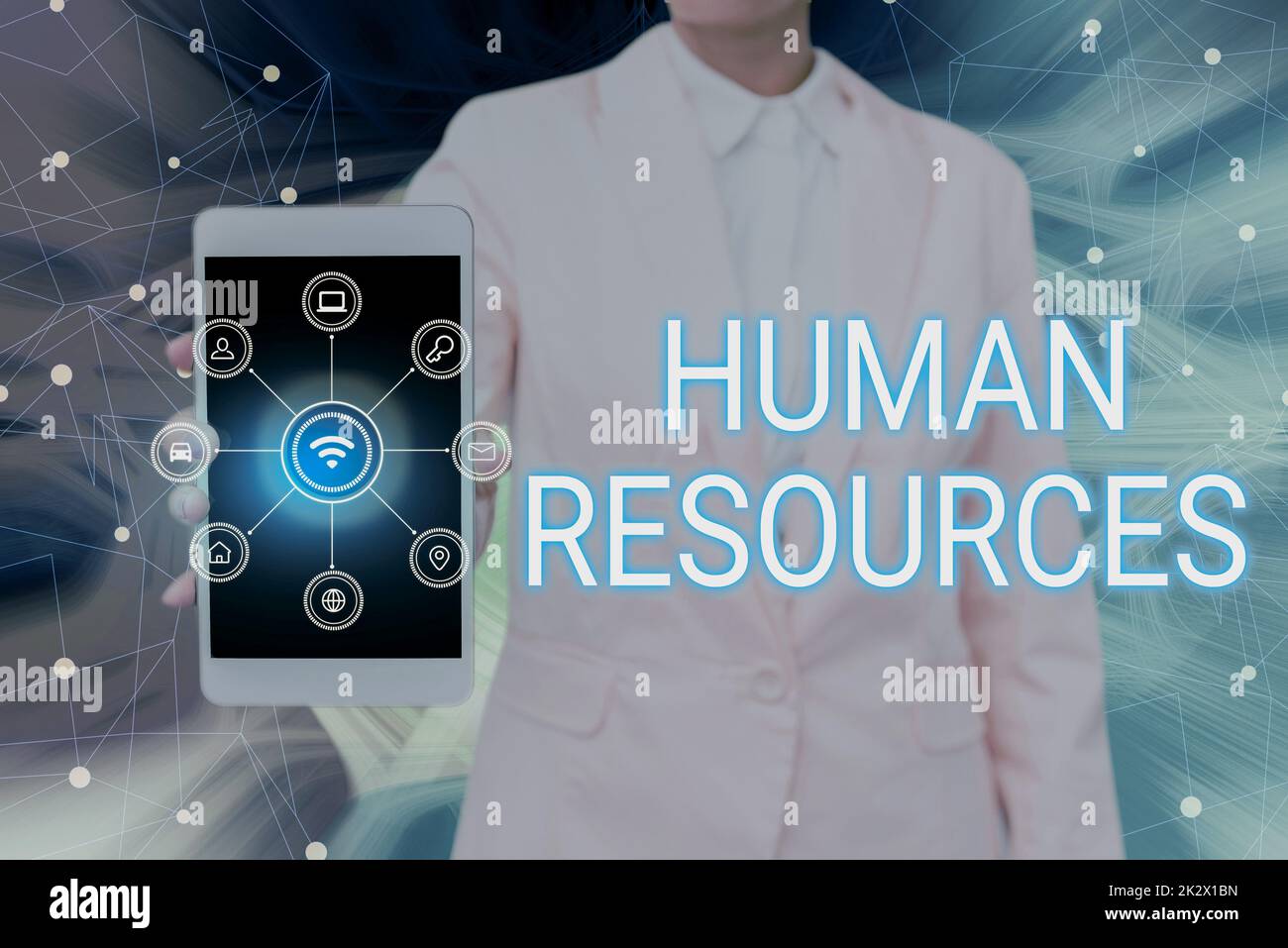 Hand writing sign Human Resources. Business approach The showing who make up the workforce of an organization Lady Pressing Screen Of Mobile Phone Showing The Futuristic Technology Stock Photo