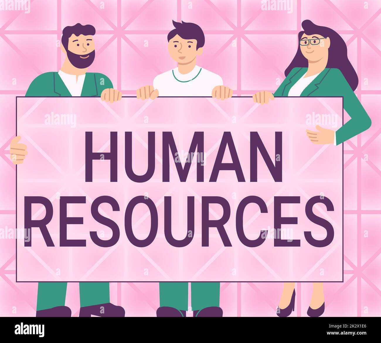 Text caption presenting Human Resources. Word for The showing who make up the workforce of an organization Three Colleagues Holding Presentation Board Showing New Ideas. Stock Photo