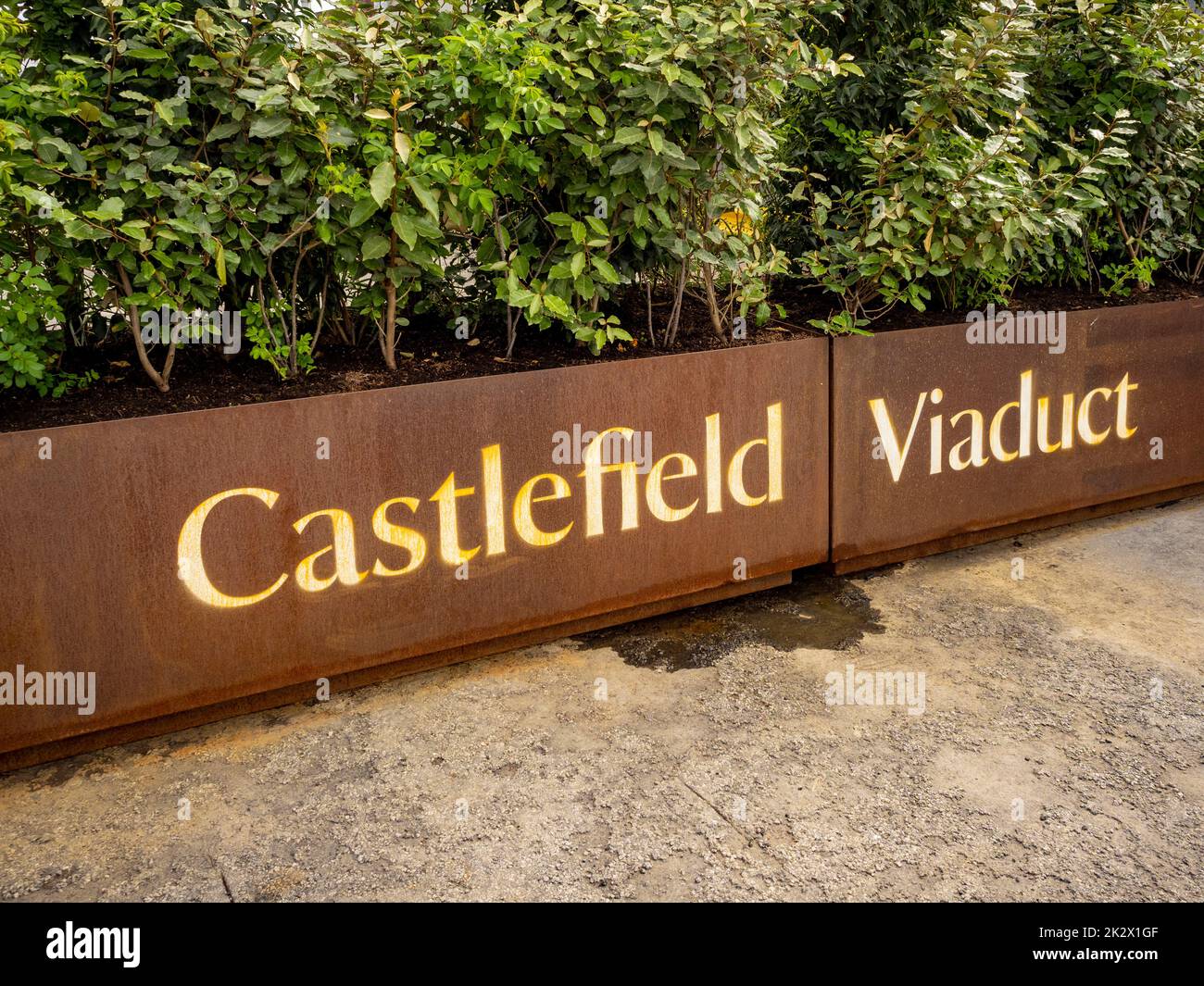 Corten planters at the entrance to Castlefield Viaduct. Manchester. UK
