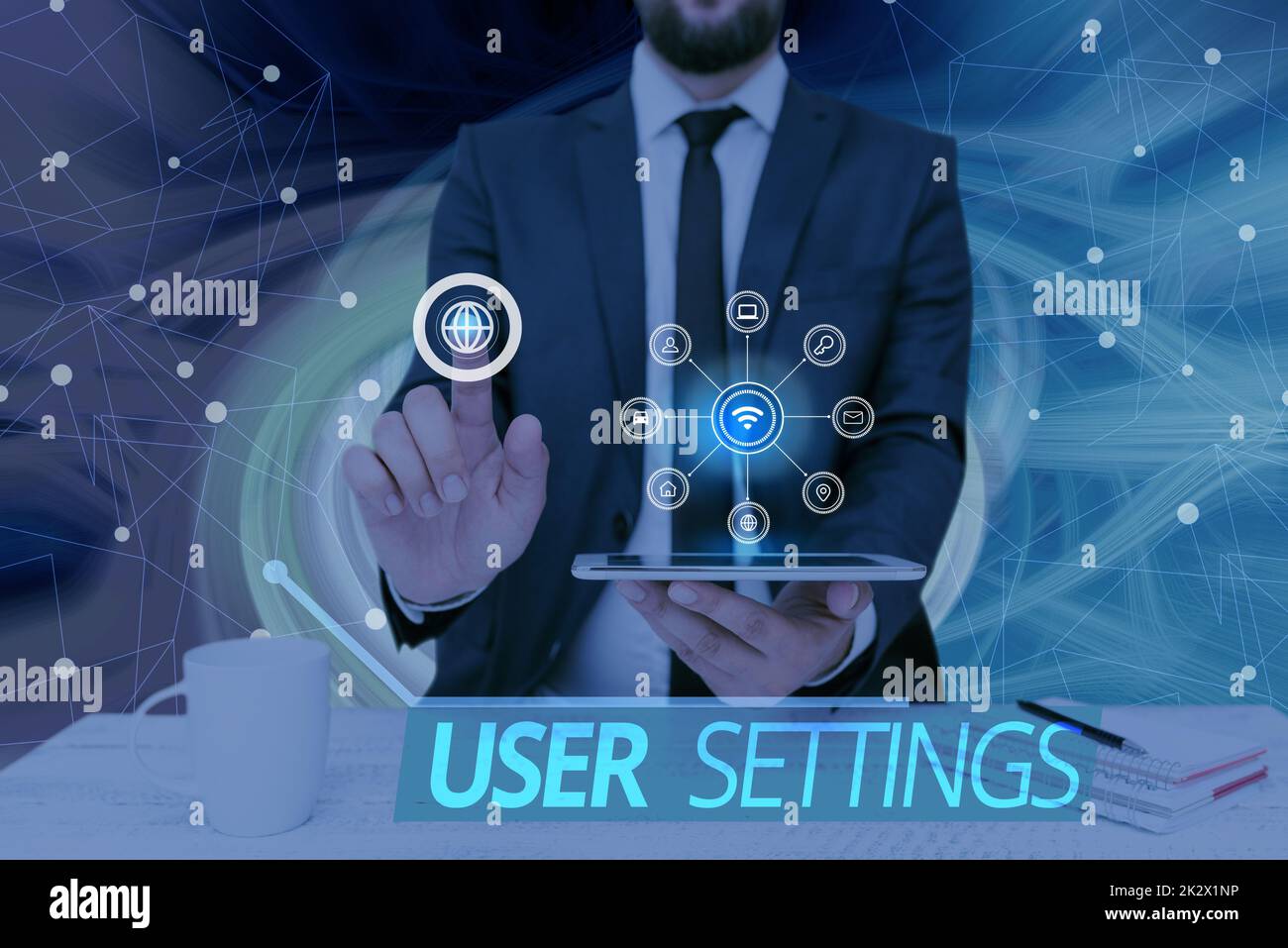 Handwriting text User Settings. Business overview Configuration of appearance Operating System Personalized Man holding Screen Of Mobile Phone Showing The Futuristic Technology. Stock Photo