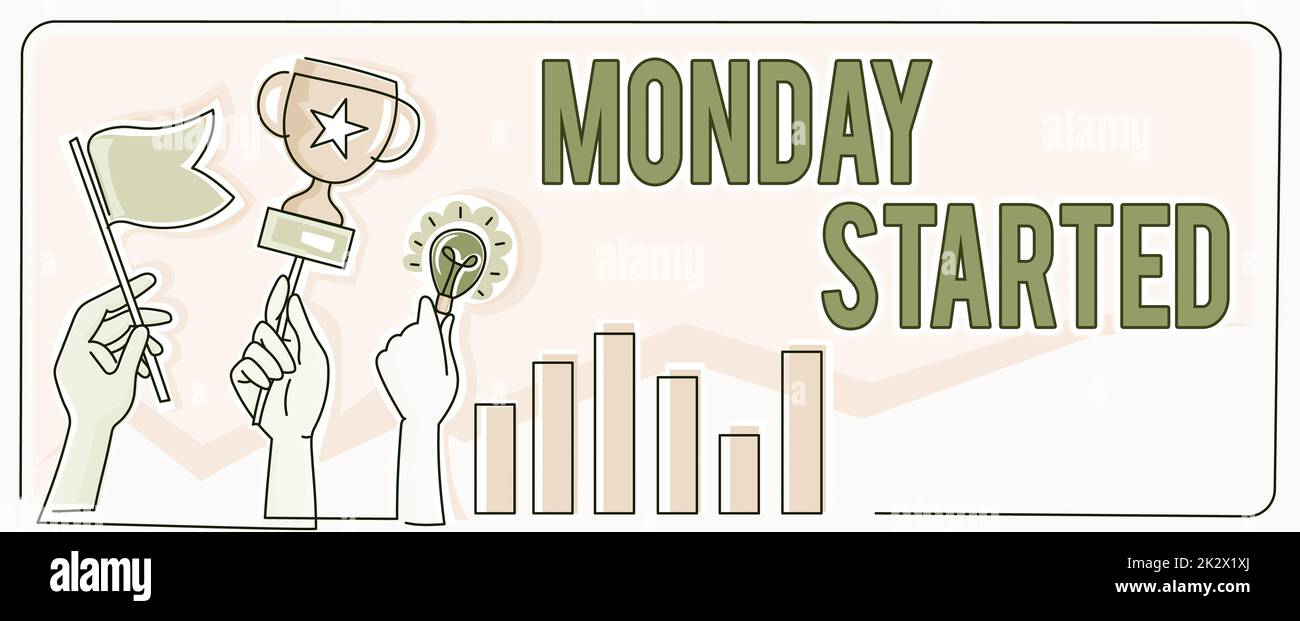 Conceptual caption Monday Started. Business approach getting ready for new week Rest is over lets begin work Hands Holding Flag Goals, Lamp Ideas Trophy Celebrating Success Graph Bars Stock Photo