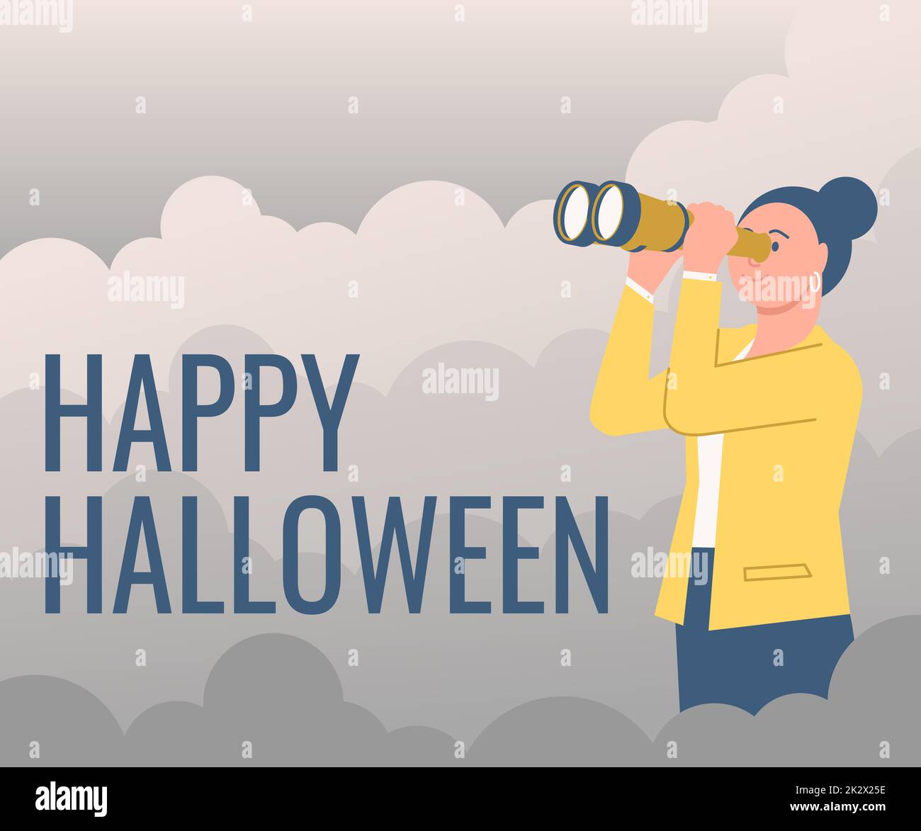 Text caption presenting Happy Halloween. Business idea evening before the Christian holy days of All Hallows Day Woman Looking Through Hand Held Telescope Seeing New Opportunities. Stock Photo