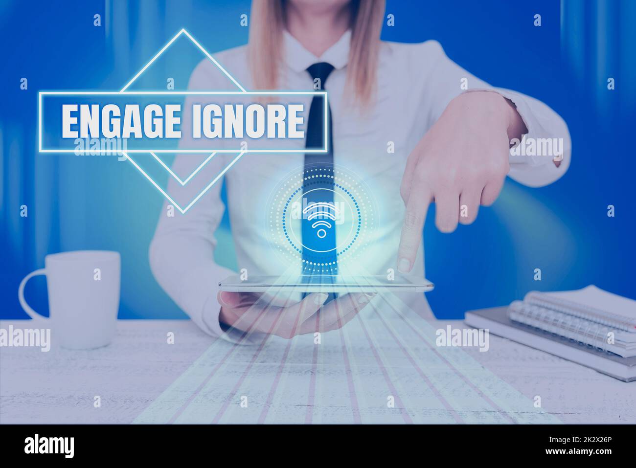 Text sign showing Engage Ignore. Internet Concept Silent Treatment Manipulative Punishment Sulking Shunning Lady Pressing Screen Of Mobile Phone Showing The Futuristic Technology Stock Photo