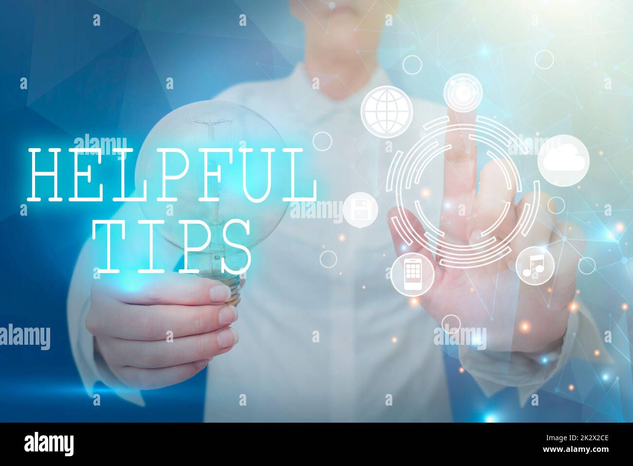 Writing displaying text Helpful Tips. Internet Concept Ask an Expert Solutions Hints Consulting Warning Lady holding light bulb pointing finger upwards symbolizing success. Stock Photo