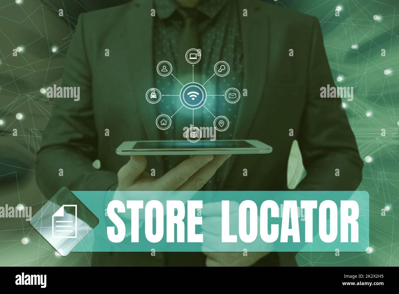 Hand writing sign Store Locator. Internet Concept to know the address contact number and operating hours Man holding Screen Of Mobile Phone Showing The Futuristic Technology. Stock Photo