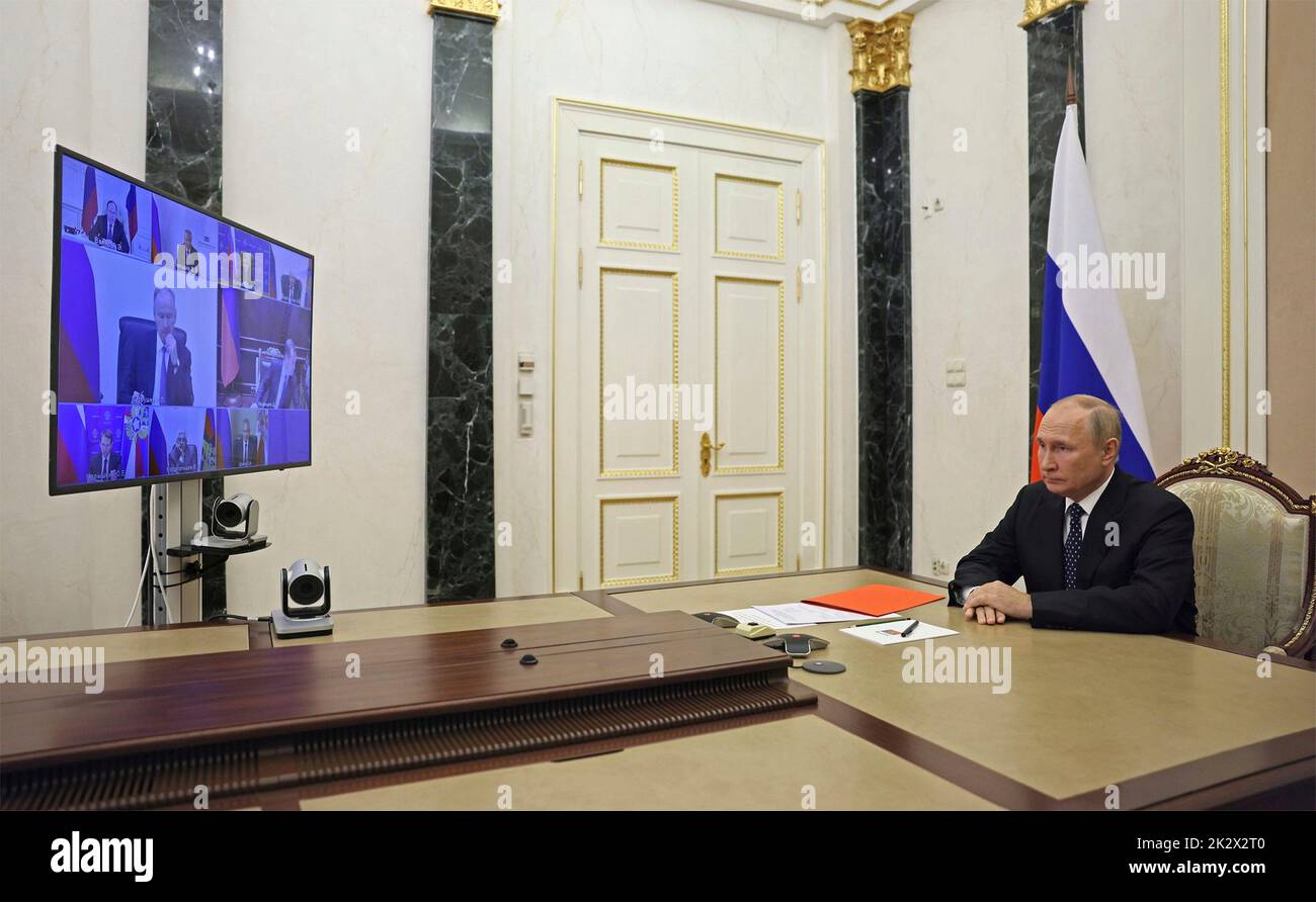 Moscow, Russia. 23rd Sep, 2022. Russian President Vladimir Putin chairs a video conference meeting of the permanent members of the Security Council at the Kremlin, September 23, 2022 in Moscow, Russia. Credit: Gavriil Grigorov/Kremlin Pool/Alamy Live News Stock Photo