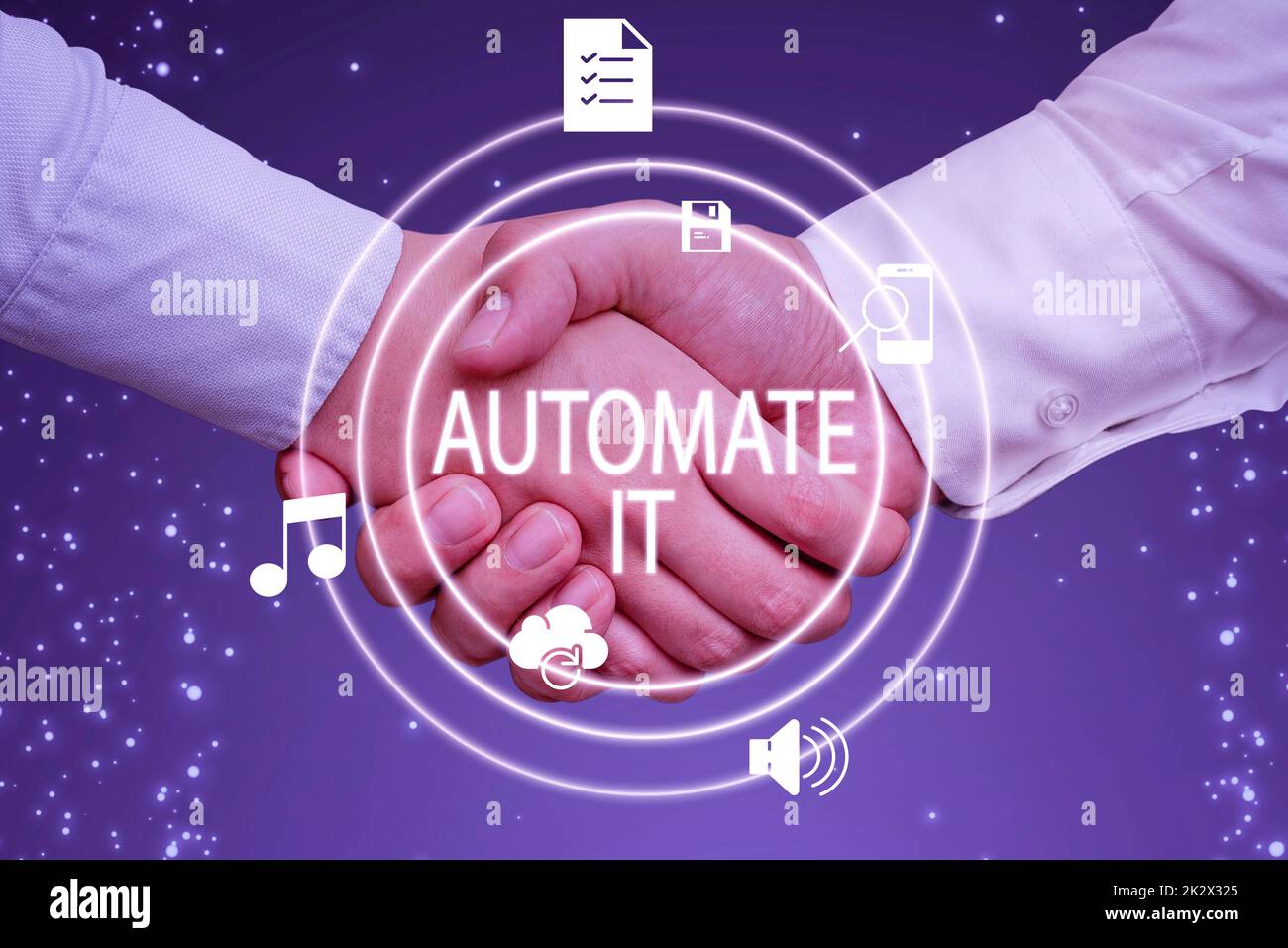 Text showing inspiration Automate It. Word for convert process or facility to be operated automatic equipment. Hands shaking presenting innovative plan ideas symbolizing teamwork. Stock Photo