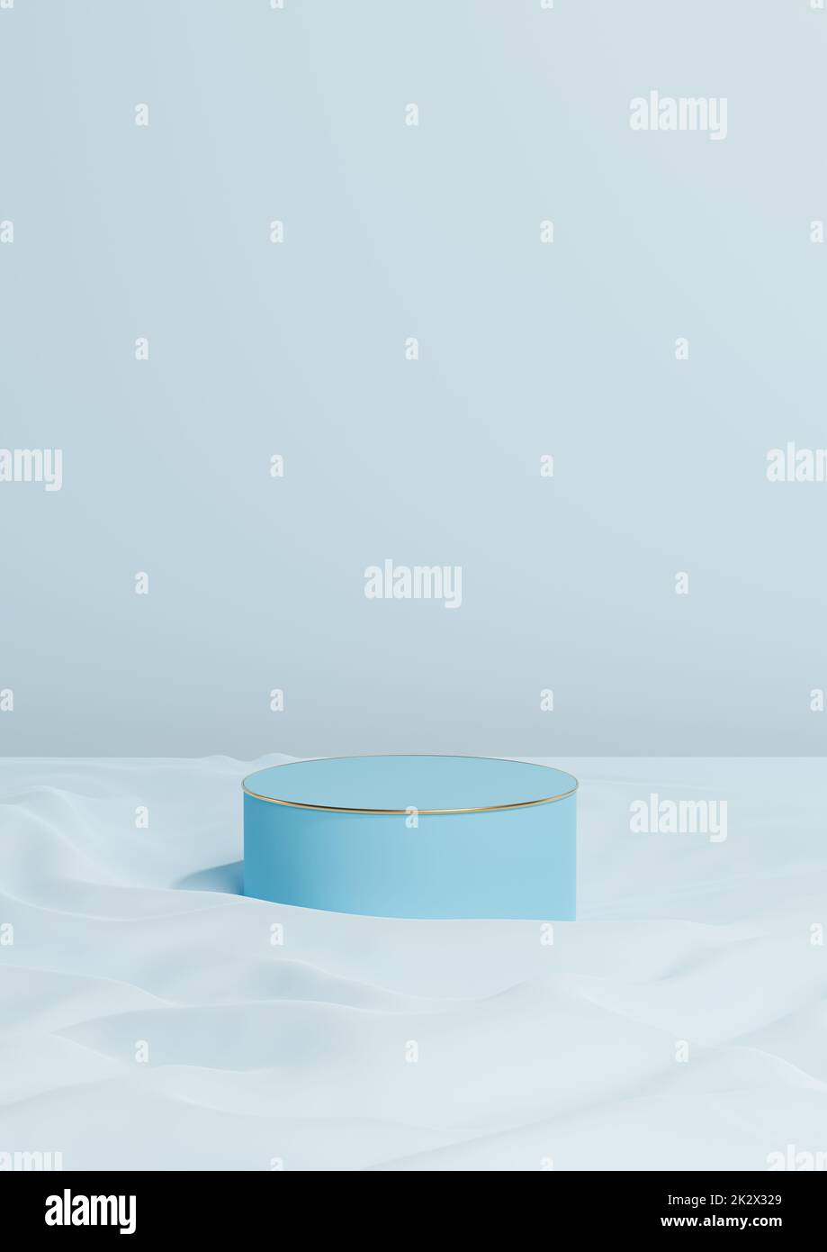 Light, pastel, baby blue 3D rendering minimal product display one luxury cylinder podium or stand on wavy textile product background wallpaper abstract composition with golden line Stock Photo