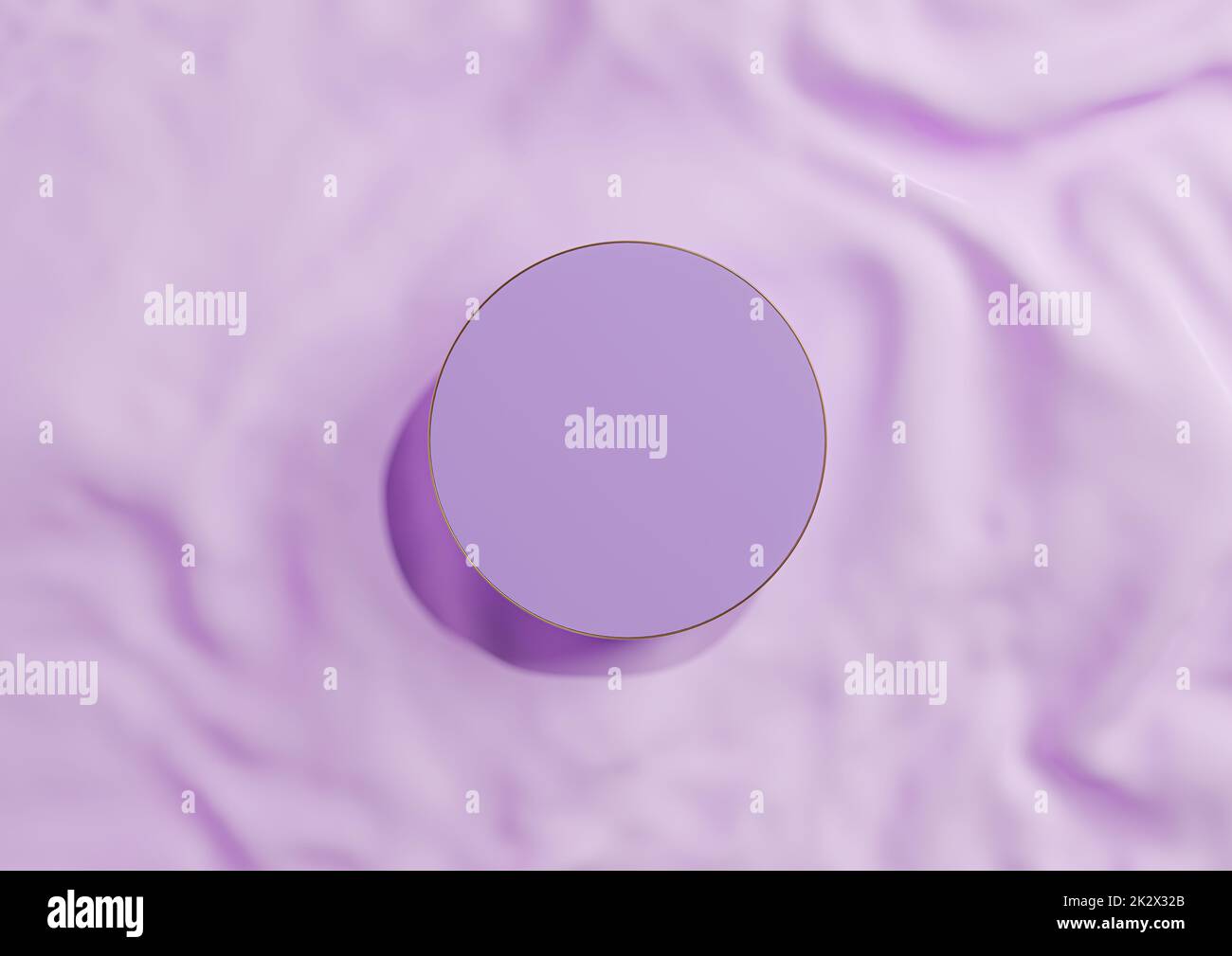 Light, pastel, lavender purple 3D rendering minimal product display top view flat lay circle podium or stand with gold line on wavy textile for luxury cosmetic product photography from above Stock Photo