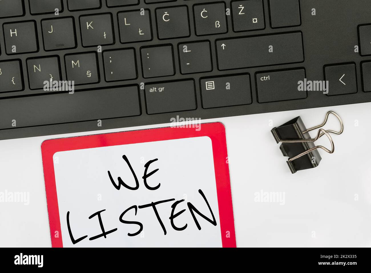 Text caption presenting We Listen. Concept Group of showing