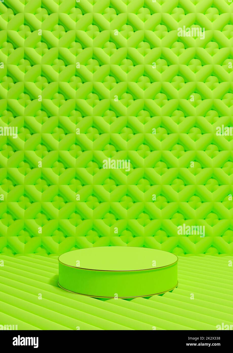 Bright, neon green 3D rendering luxury product display vertical product photography one cylinder podium stand golden line and ornament wallpaper or background simple, minimal composition Stock Photo