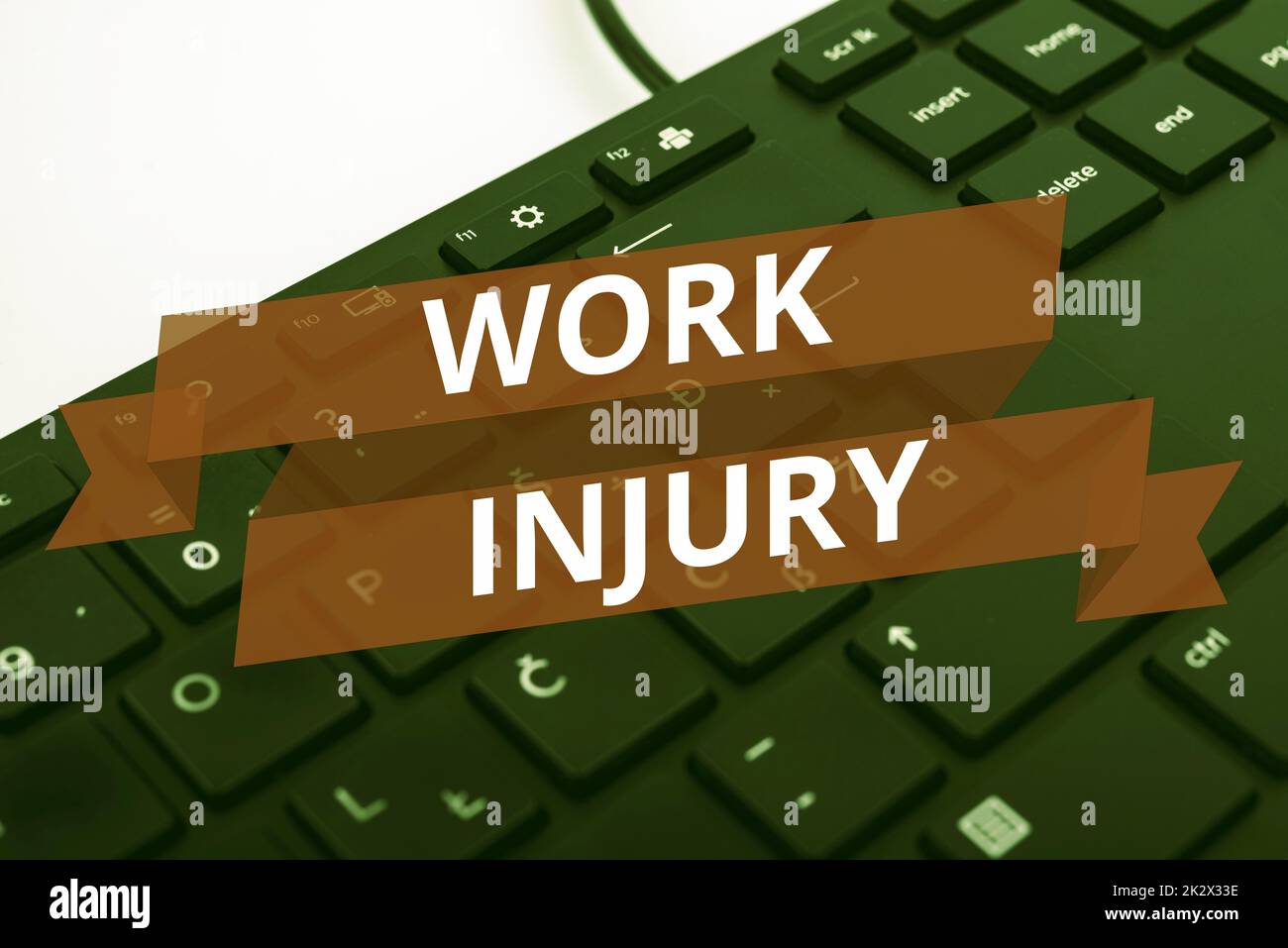 Hand writing sign Work Injury. Business overview Accident in job Danger Unsecure conditions Hurt Trauma Computer Keyboard And Symbol.Information Medium For Communication. Stock Photo