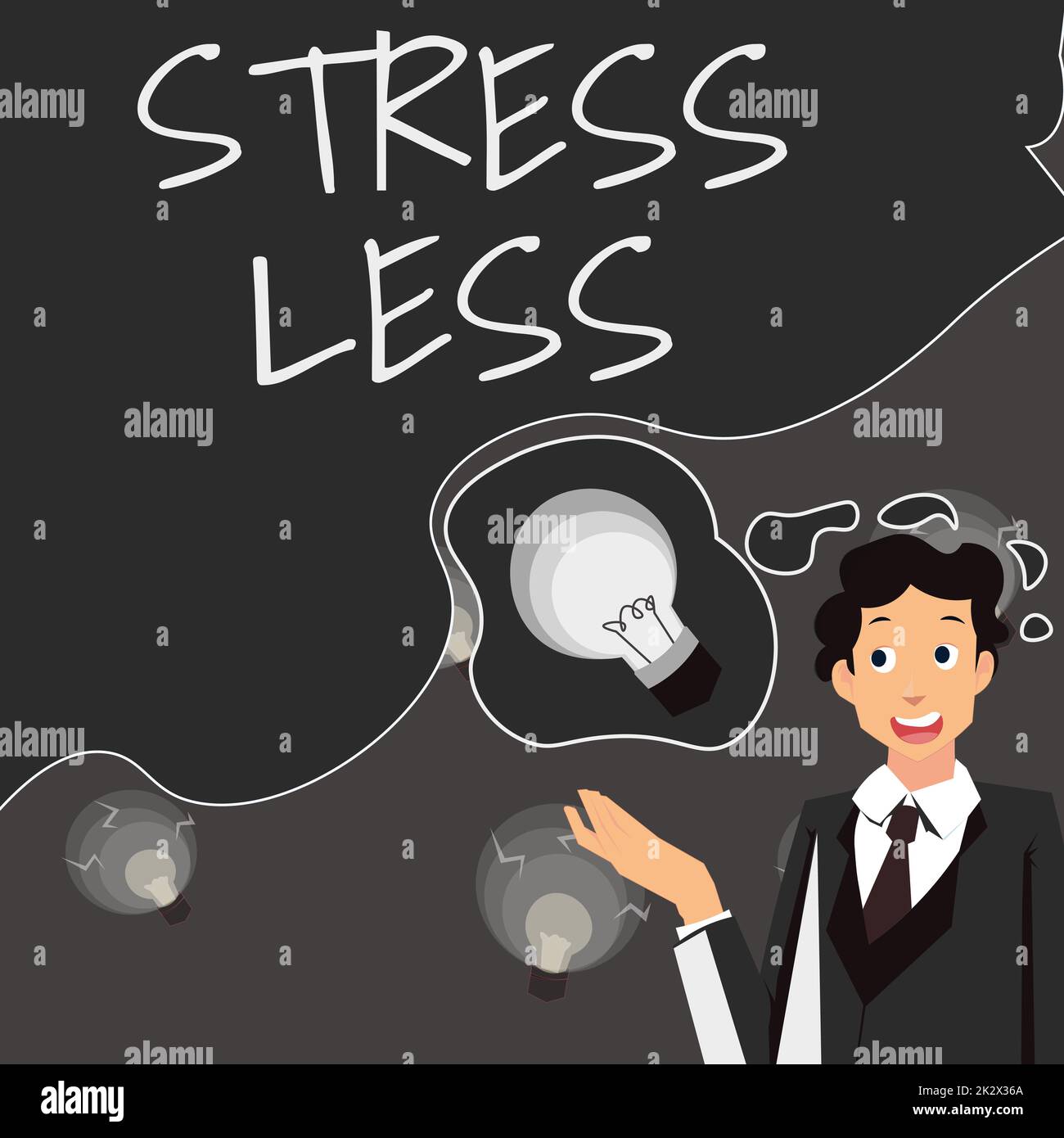 Conceptual display Stress Less. Word for Stay away from problems Go out Unwind Meditate Indulge Oneself Man presenting innovative ideas achieving successful project completion. Stock Photo