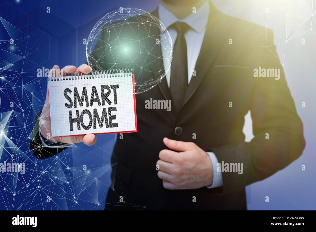 Text caption presenting Smart Home. Internet Concept automation system control lighting climate entertainment systems Businessman in suit holding notepad represents global innovative thinking. Stock Photo