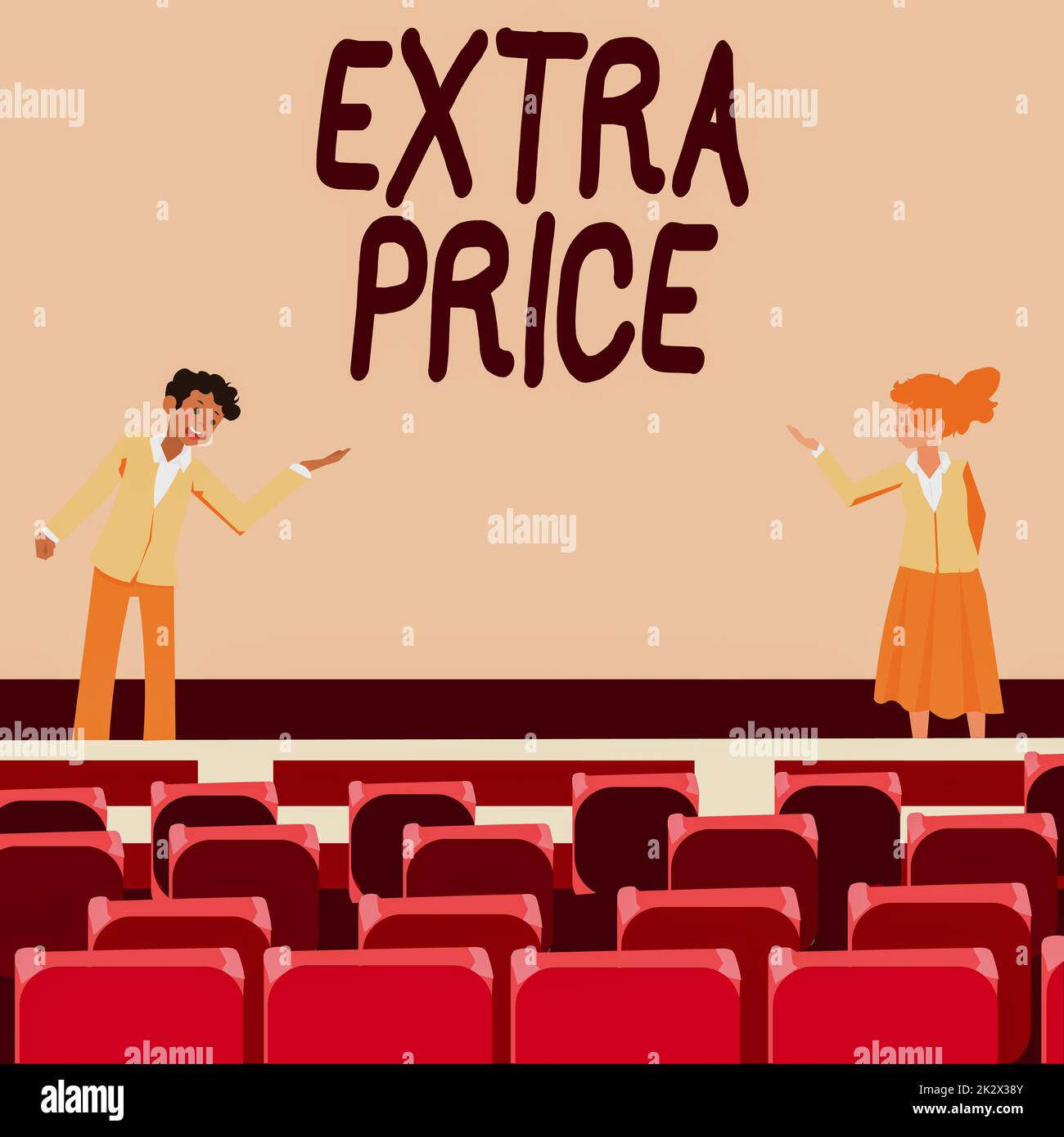 Text caption presenting Extra Price. Internet Concept extra price definition beyond the ordinary large degree Male and female colleagues doing presentation on stage with hand gestures. Stock Photo