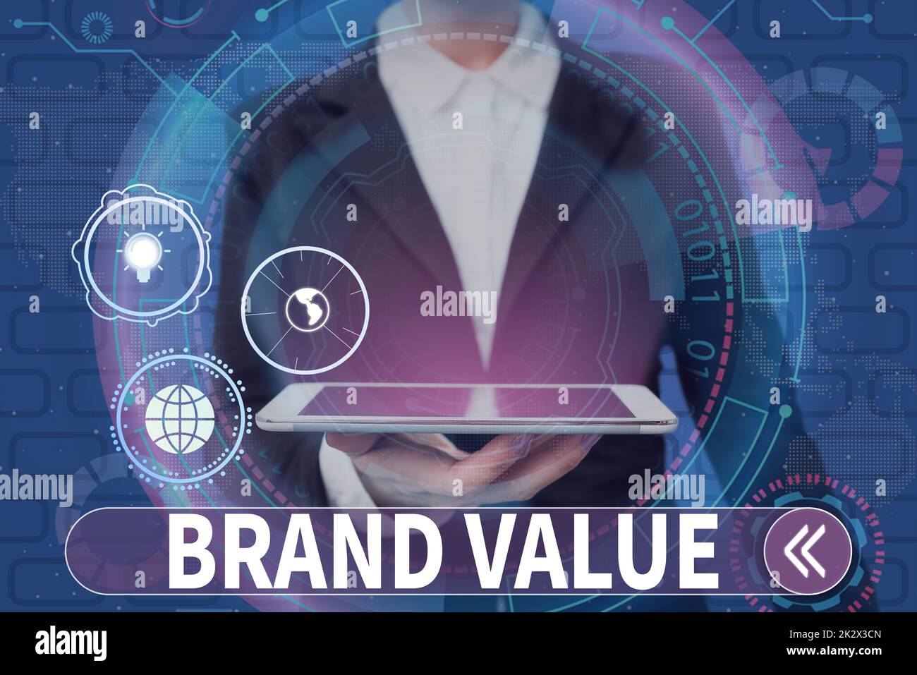 Hand writing sign Brand Value. Concept meaning company generates from product with recognizable for its names Lady in suit holding electrical tablet presenting innovative thinking. Stock Photo