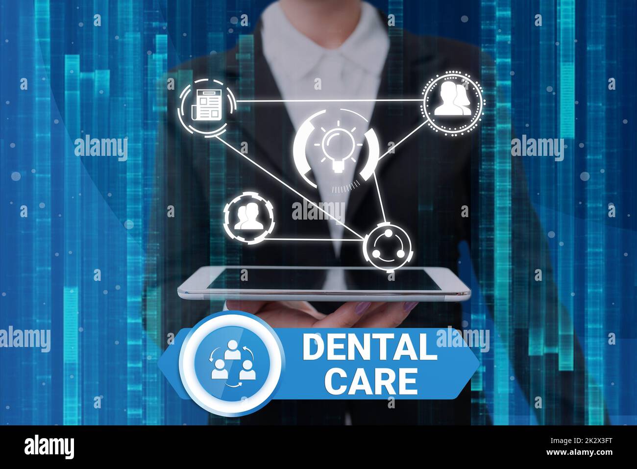Writing displaying text Dental Care. Word Written on maintenance of healthy teeth or to keep it clean for future Lady in suit holding electrical tablet presenting innovative thinking. Stock Photo