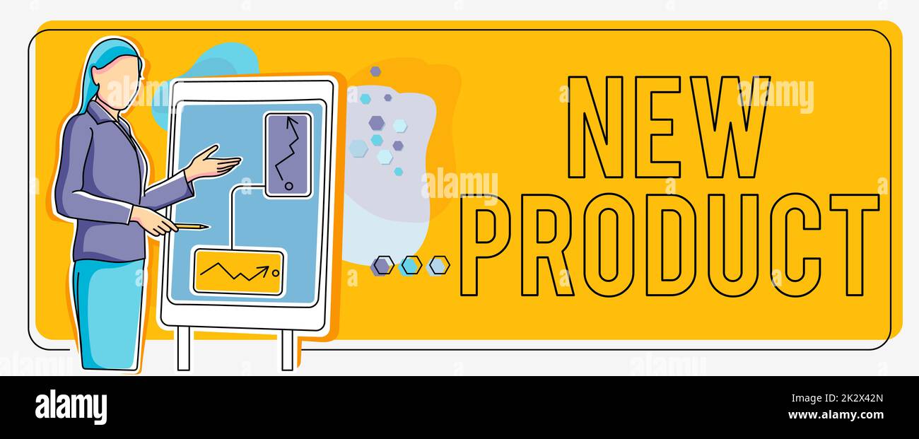 Sign displaying New Product. Concept meaning goods and services that differ in their