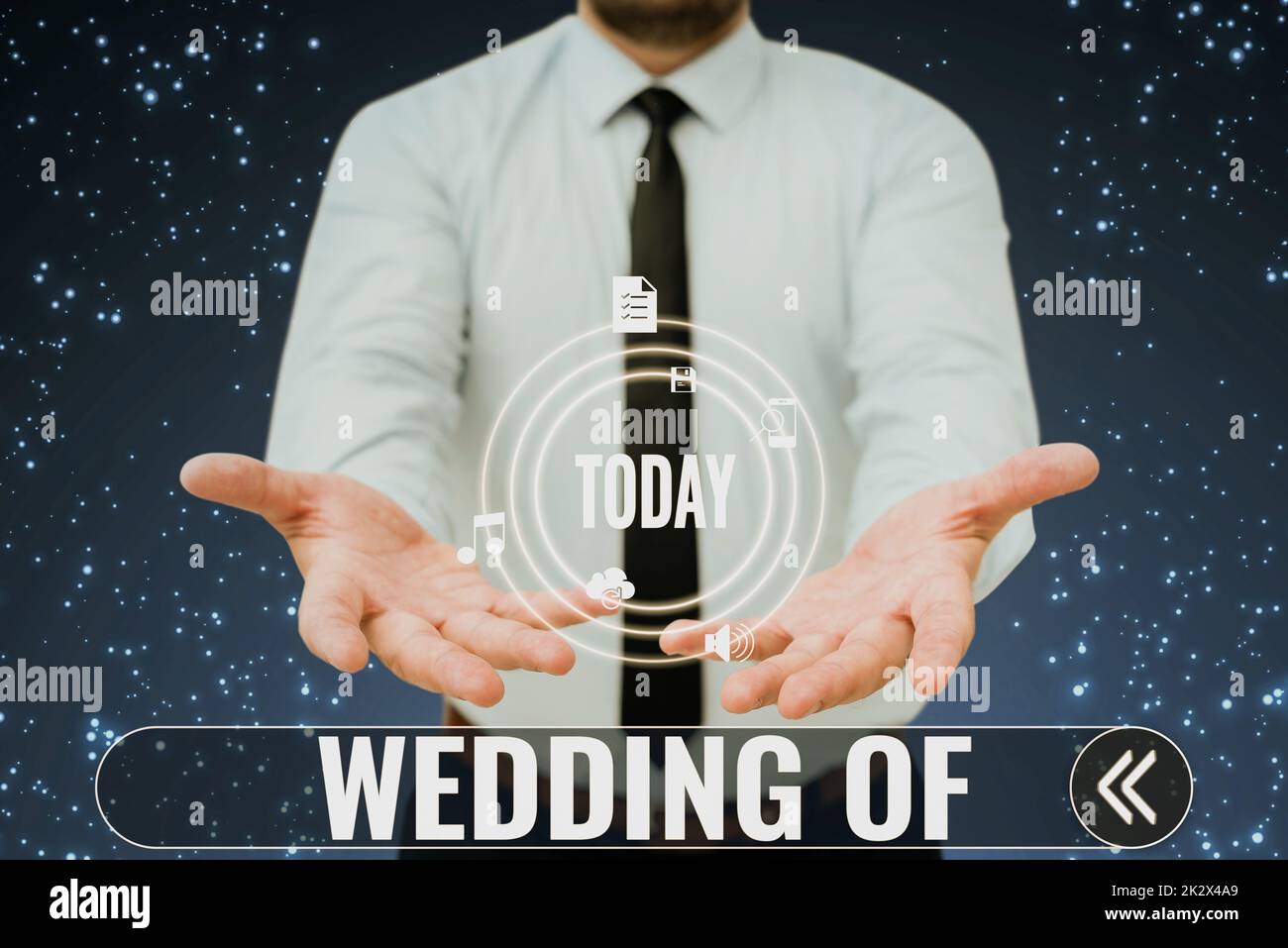 Sign displaying Wedding Of. Business approach announcing that man and now as married couple forever Businessman in suit holding open palms represents innovative thinking. Stock Photo