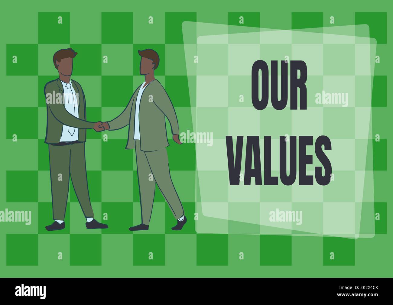 Sign displaying Our Values. Business showcase list of morals companies or individuals commit to do them Two colleagues shaking hands congratulating successful teamwork. Stock Photo